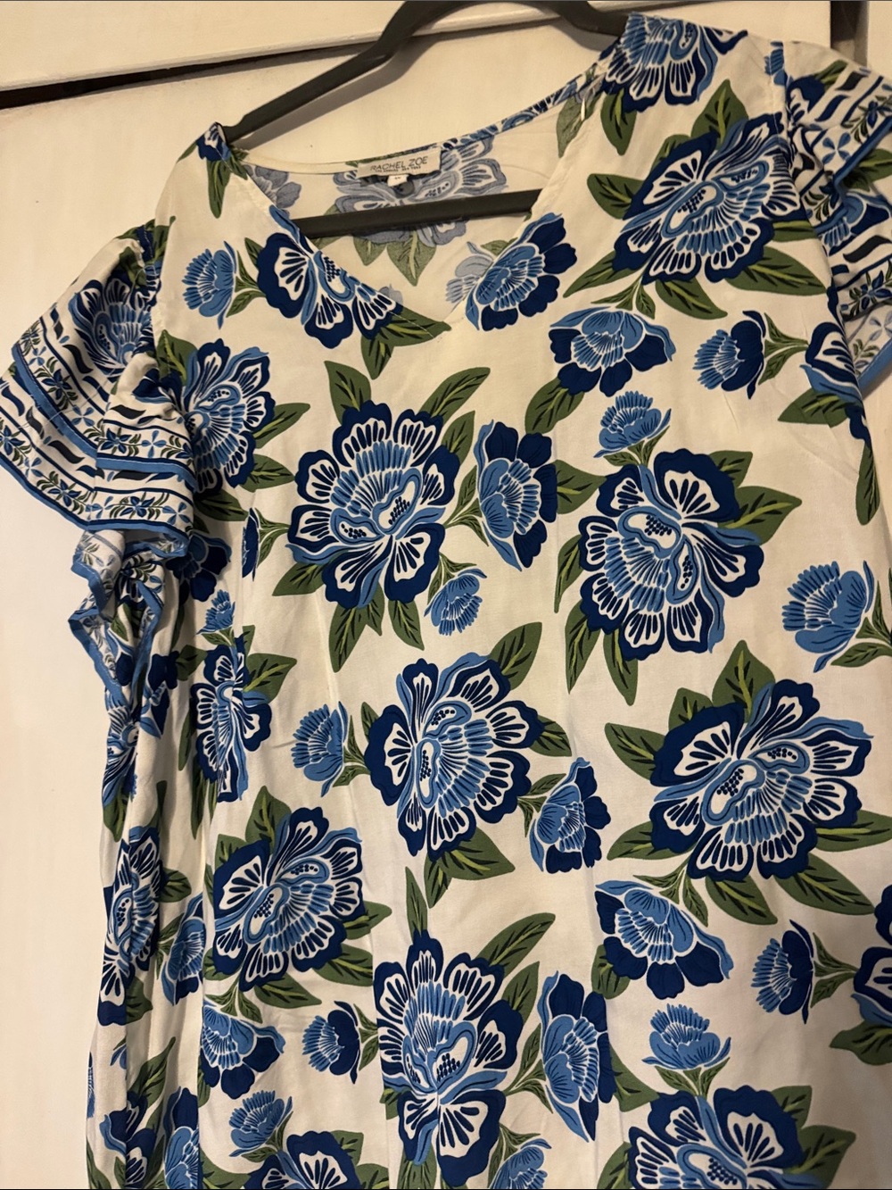 Rachel Zoe White top with Blue Floral Print